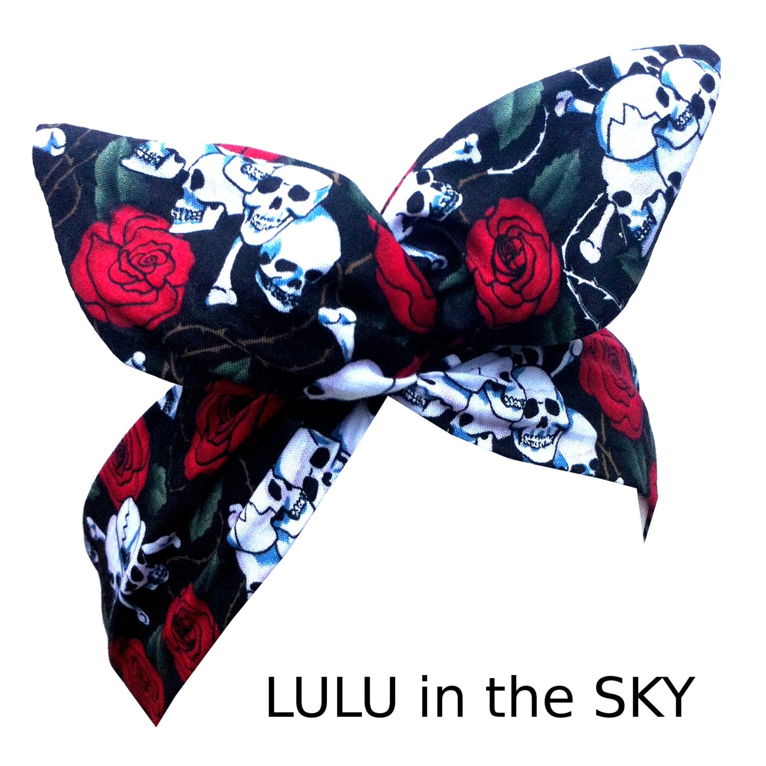 Black small Skull & Rose Print wire ROCKABILLY Headband Hair wrap