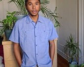 SALE Shirt: Blue Unisex Button Up Vintage Work Shirt 1970s