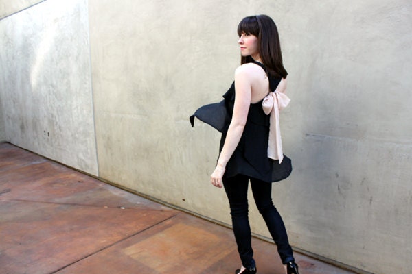 BLUSH AURA - Romantic black flowy tier blouse // nude blush creme // chiffon sash bow // tunic // tank top // racerback