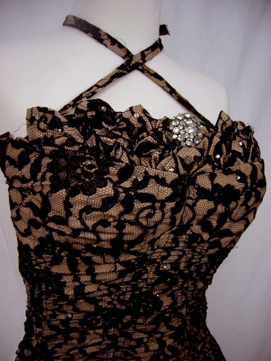 RESERVED Glamour Couture ALIX Of MIAMI Lace Rhinestone Nude Illusion Bathing Suit Swimsuit - Designer Pinup vlv Vixen Hollywood Bombshell