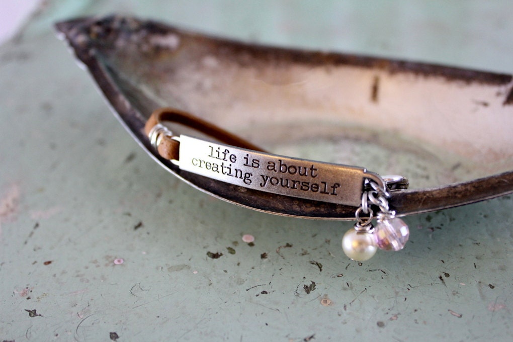 Bracelet Leather Stamped Quote "Life is About Creating Yourself" Pink Crystal Pearl