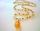 Long Mother of  Pearls, Tiger Eye, Crystal Quartz semiprecious stones necklace with Imperial Gold Aura  Crystal Quartz , Pendant.