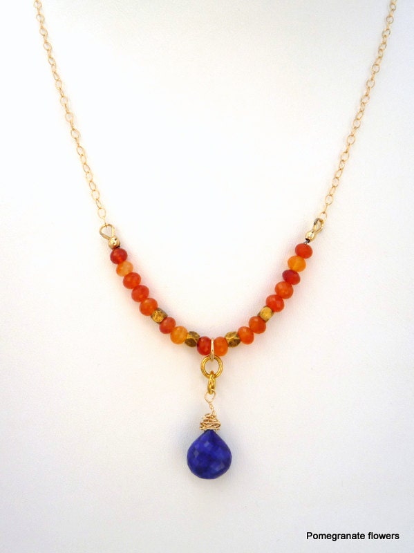 Carnelian faceted rondelles,Lapis Lazuli faceted drop,Gold Filled chain necklace.