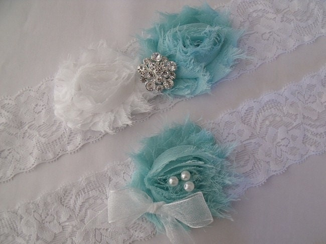 Wedding Bridal Garter Set - Floral Lace Pearls and Rhinestone - AQUA - Shabby Fabric Rose Flowers - Choose your Color
