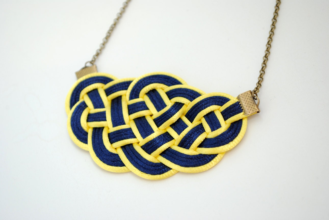 Big Sailor's Knot Nautical Necklace in Yellow and Navy Rattail Satin Cords, Summer, Macrame, Woven, Knotted Necklace, Rope Jewelry, Nautical