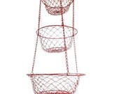 Vintage Hanging Wire Basket - Red Metal Mesh Fruit Storage - Collapsible Wire Container - Organization