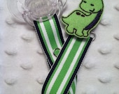 Navy Blue, White and Lime Green Stripes with Dinosaur Dino Applique Hiding Clip Pacifier Clip Paci Clip Soothie Binky