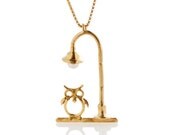 14k gold plated  silver necklace with a Owl sitting under a beautiful lamp-post.