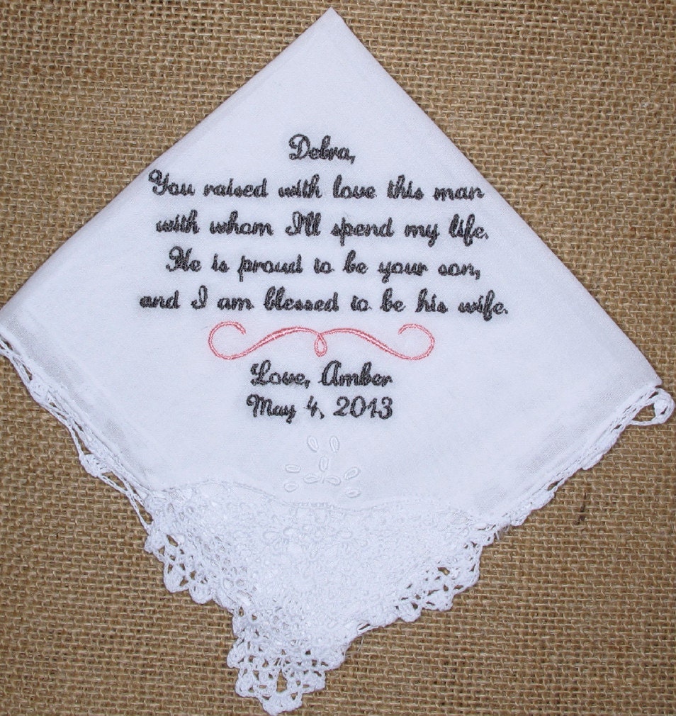 Gift for Mother of the Groom from the Bride Wedding Handkerchief Personalized