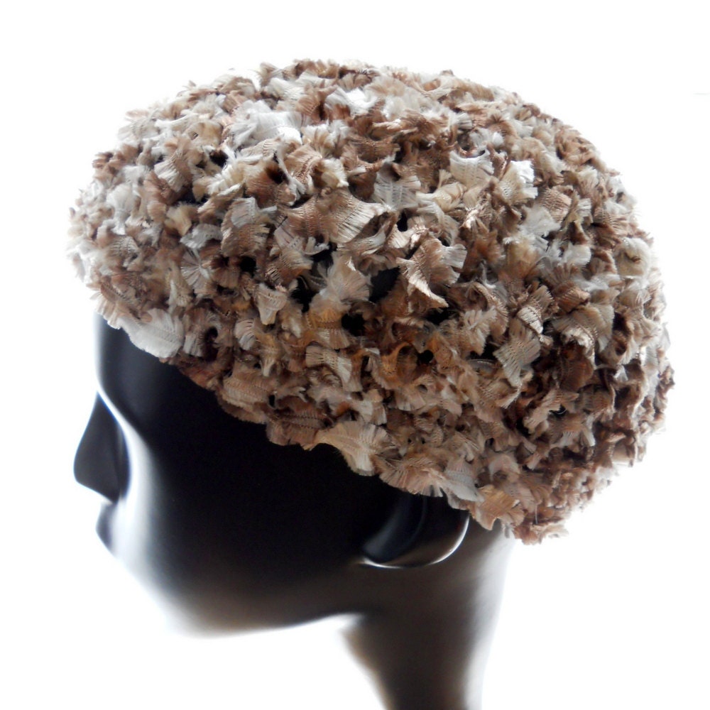 Hand crochet hat, women's crocheted beanie hat, feathery ribbon yarn beanie, shades of cafe au lait beanie, large to extra large hat