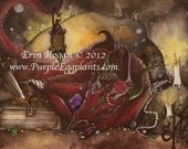 Sleeping Hoarder Dragon guarding her treasure cave 5x7 print