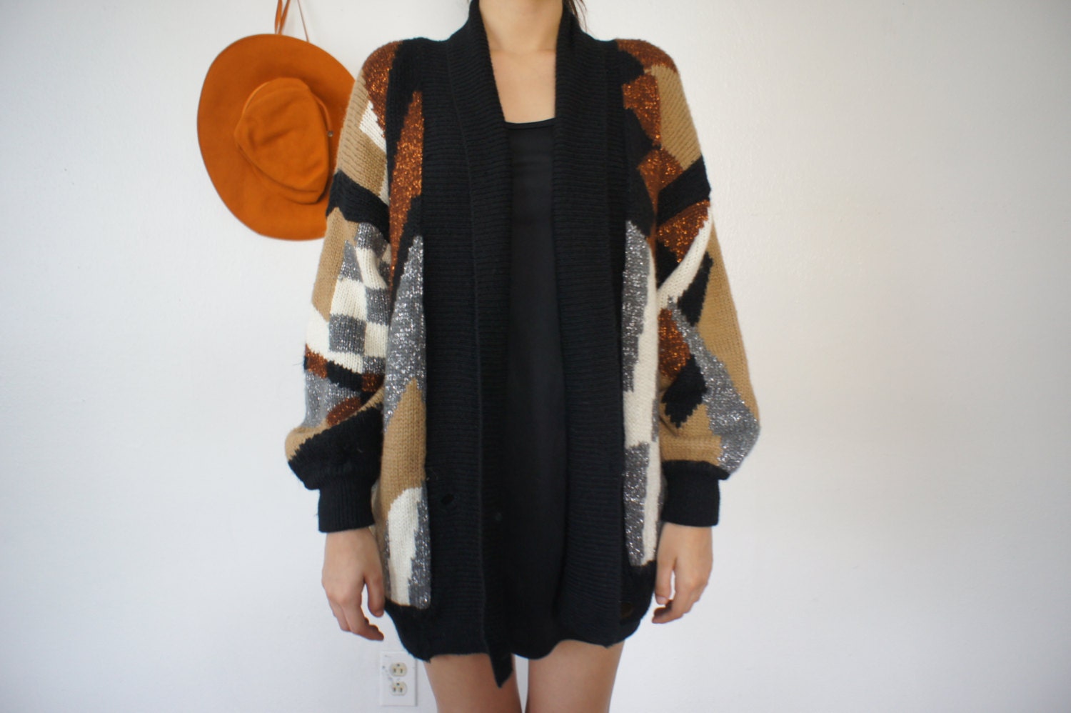 80s Sweater Cardigan New Wave Geometric Black Oversize Small with Pockets