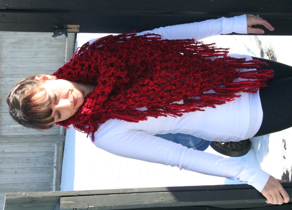 Crochet Red Triangle Neck Scarf With Fringe by JennisCrochet