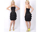 Vintage 80s Tiered Peplum Dress Strapless Mini Cocktail Party Ruffle Satin Small