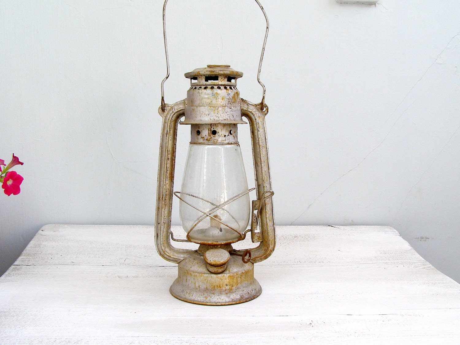 Vintage Gray Lantern Lamp, Rusted Big Railroad Lamp, Farmhouse decor, Industrial chic, Garden decoration, Gift for man