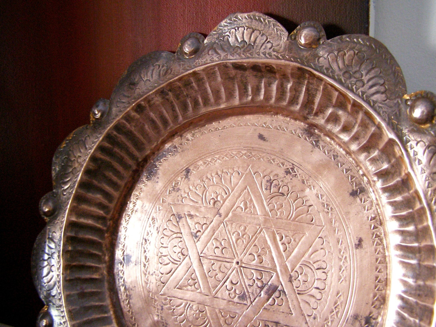 Star Of David Copper Plate, Judaism, Jewish, Hammered Copper Art, Engraved Copper Plate, Collectible, Cottage chic, Ornate Bowl