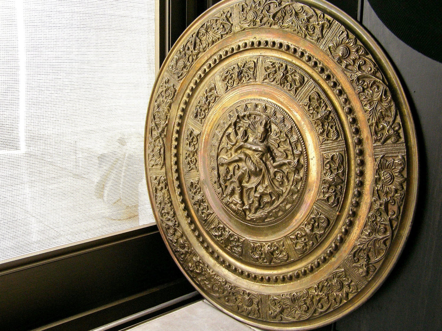 Hindu Copper plate, Ornate Kali Goddess Wall plate, India, yellow copper Plate, Oriental, Tribal, Hinduism, Cottage chic, collectible