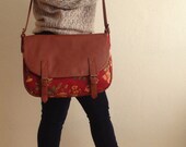 Leather & Canvas Messenger Bag Handbag brown red floral shoulder bag  handbag large