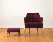 Custom Plaid Upholstered Vintage Brass Leg Chair and Ottoman Set