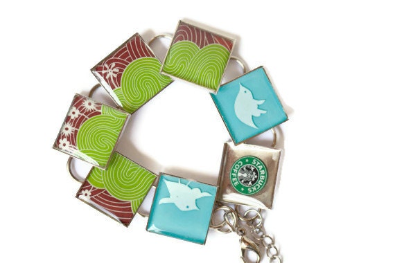 Resin Jewelry, Recycled jewelry, Starbucks Jewelry, custom bracelets, silver bracelets (Rolling hills)