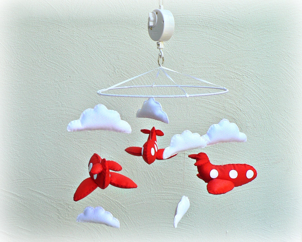 Musical airplane mobile - Tomato red felt airplanes and white clouds - Nursery Decor - Custom made to match your decor