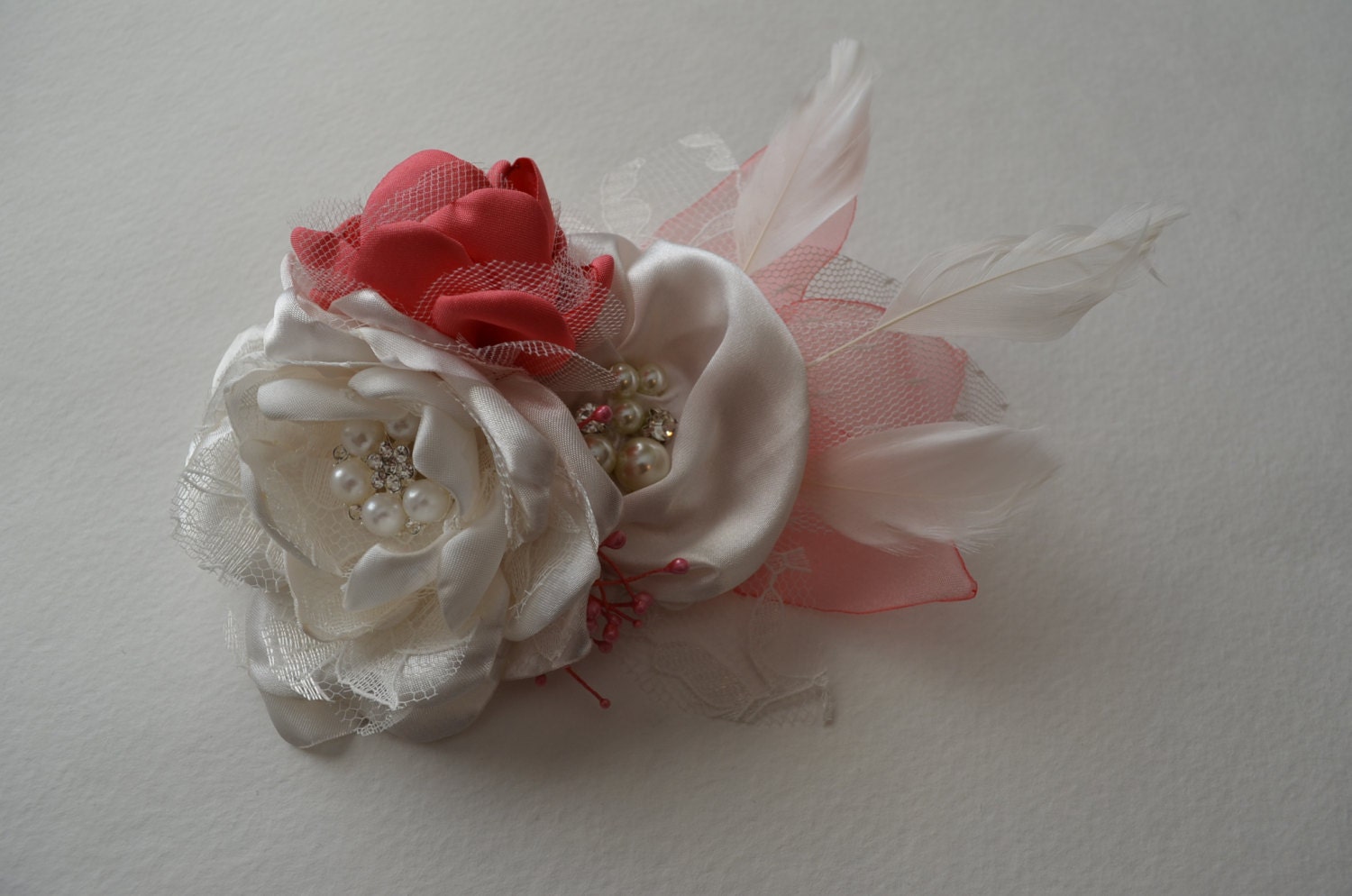 Cream and a little Coral - Hair Clip, Flower Fascinator, Fabric Hair Accessory, Feather, Hair Flower, Bridal Hair Piece, Reception Hair