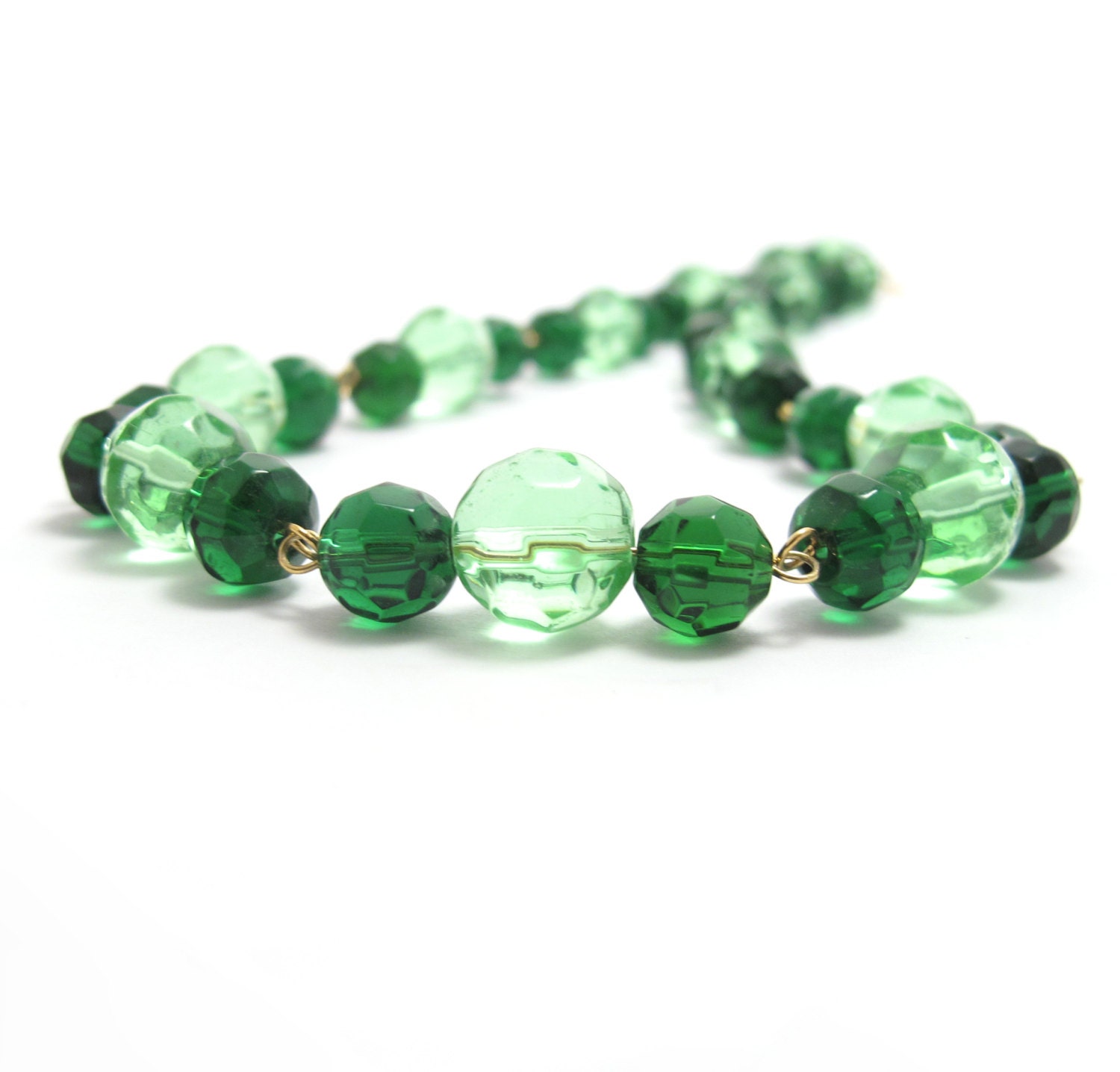 Green Beaded Necklace, Faceted Glass Links - MoonlightShimmer