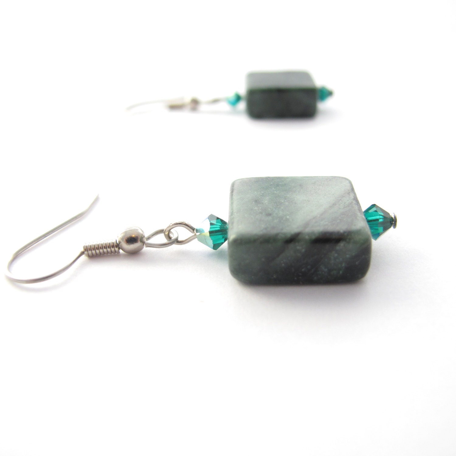 Green Marble Stone Earrings With Swarovski Crystal Beads