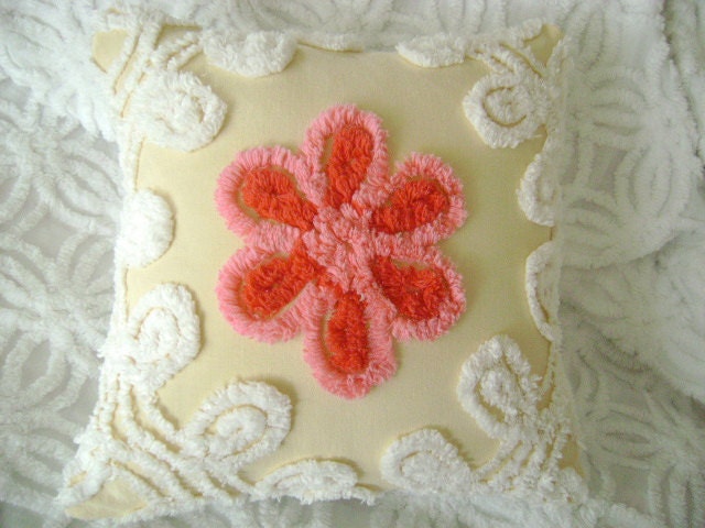 Pink Daisy on Butter Creme Yellow - Accent Pillow - Pink, Red, White and Butter Yellow Vintage Chenille and 12" Decorator Insert