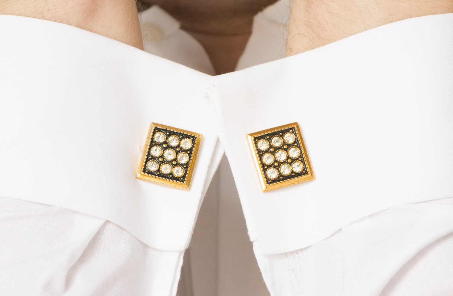 Vintage Cuff links Gold Toned Cufflinks Rectangle Black and White Rhinestones USSR