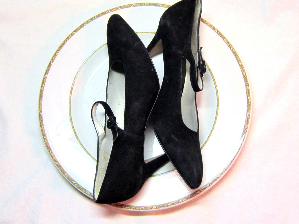 Vintage Suede Shoes Pumps Black Pumps Strapped Heels Retro Fashion Womens Nightlife Work