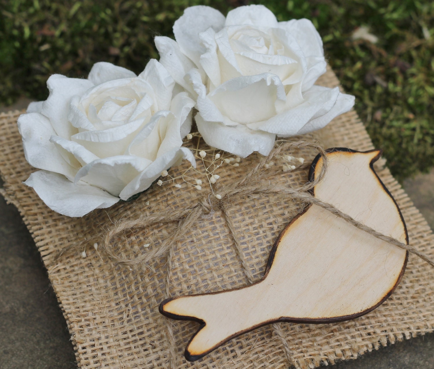 Wedding Ring Pillow Rustic Love Bird, Burlap Ring Bearer Pillow,  Paper Roses