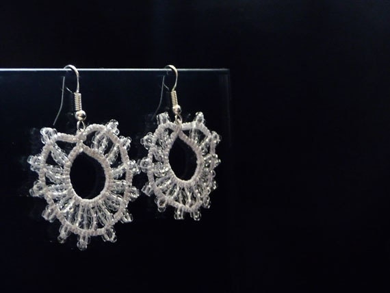 White earrings tatting with beads - gift for her - summer fashion.