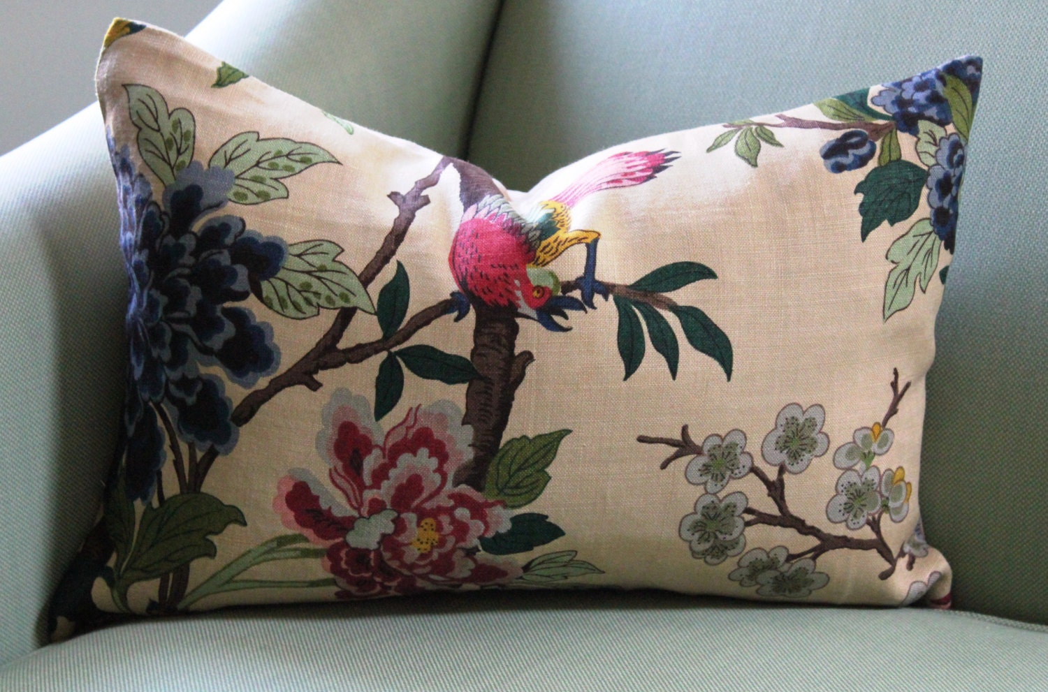 GP & J Baker Hydrangea Bird Cushion Cover 14 x 20 inch Lumbar