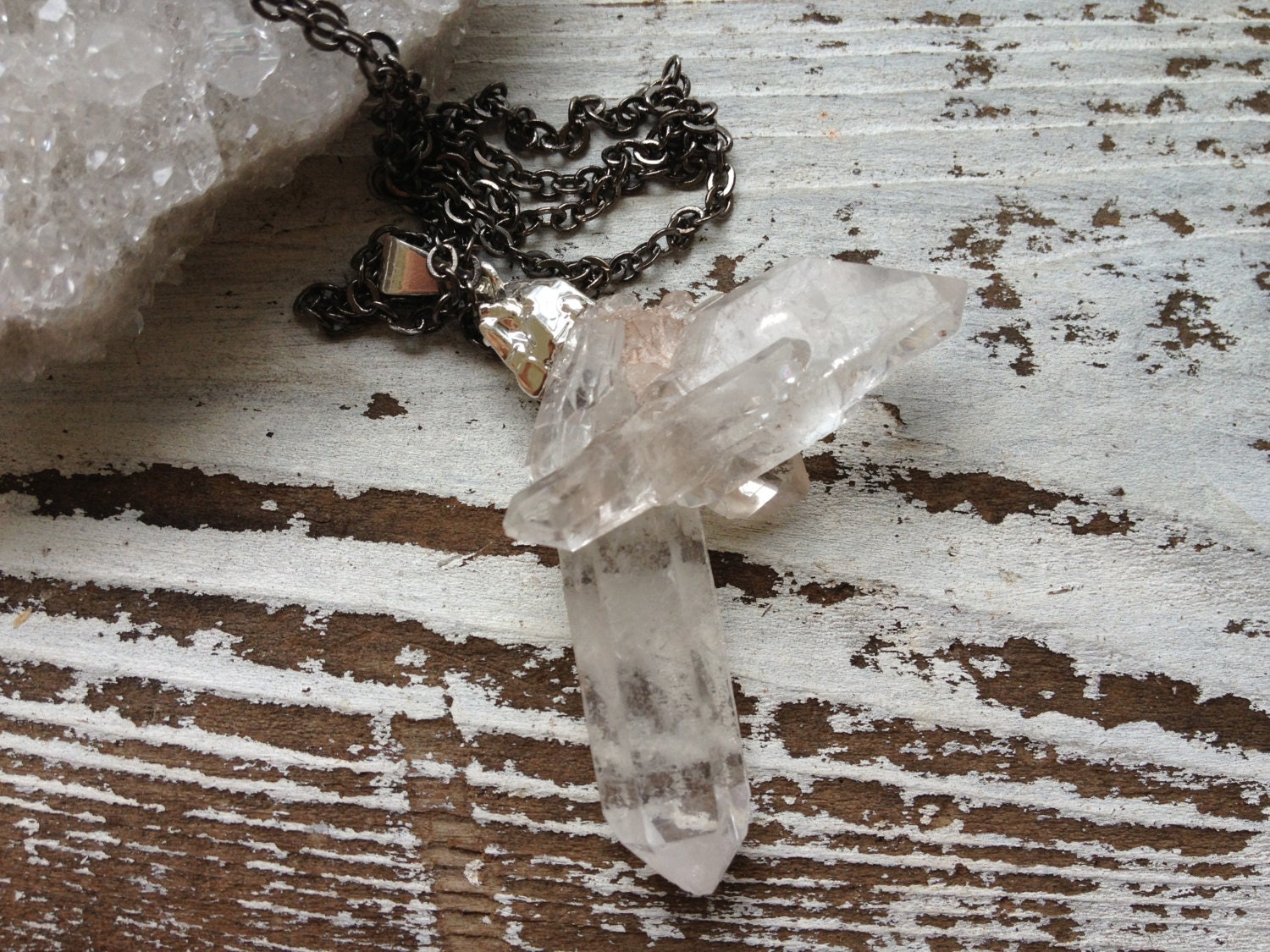 ICE CASTLE / Raw Clear Quartz Crystal Layering Necklace, SIlver Dipped Rough Gemstone Cluster Pendants, Sprng Fashion, Nature Inspired