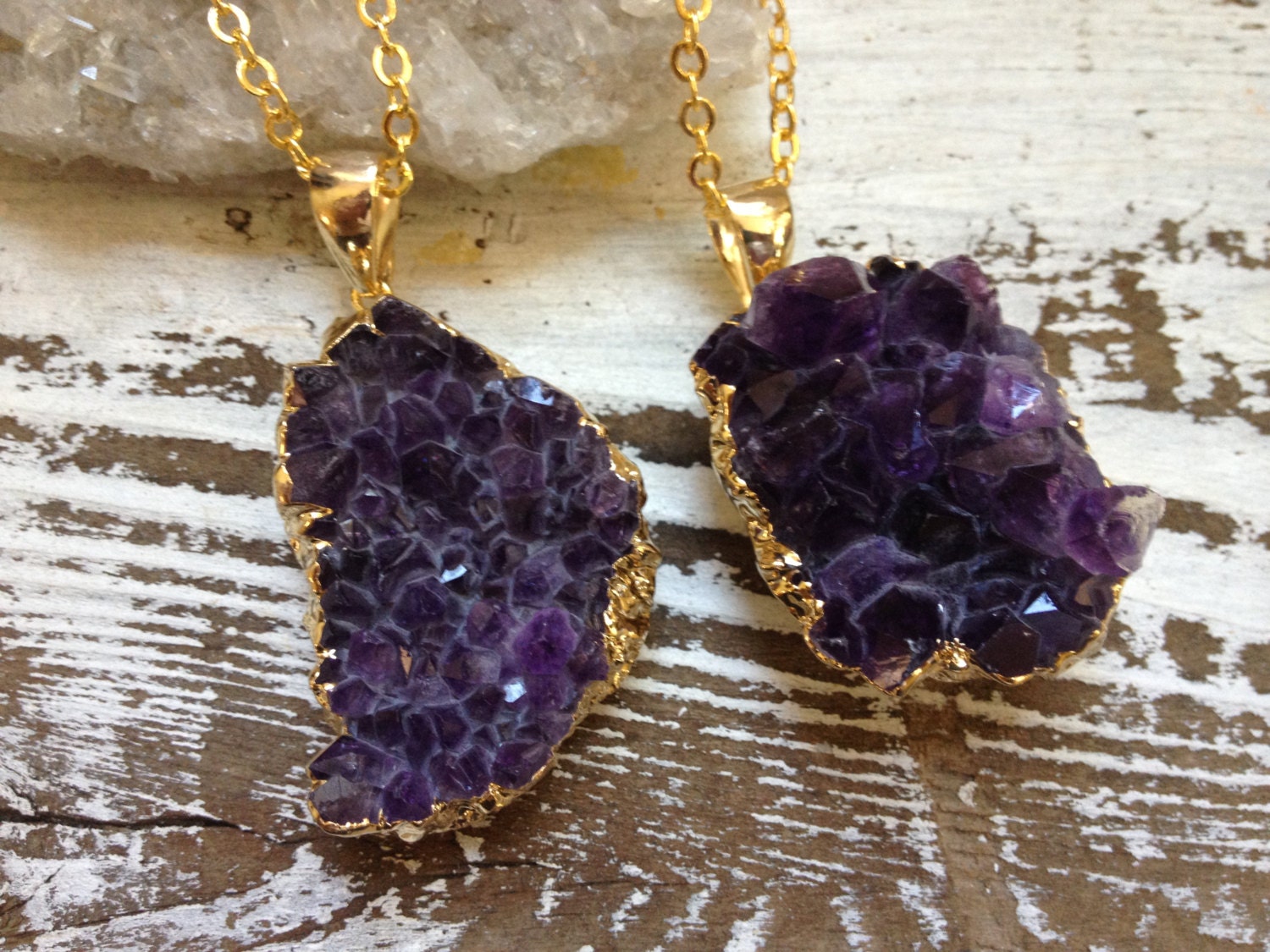 ROYALE / Raw Amethyst Druzy Quartz Crystal Cluster, February Birthstone, Chunky Gemstone Necklace Gold Plated Dipped, Healing Energy