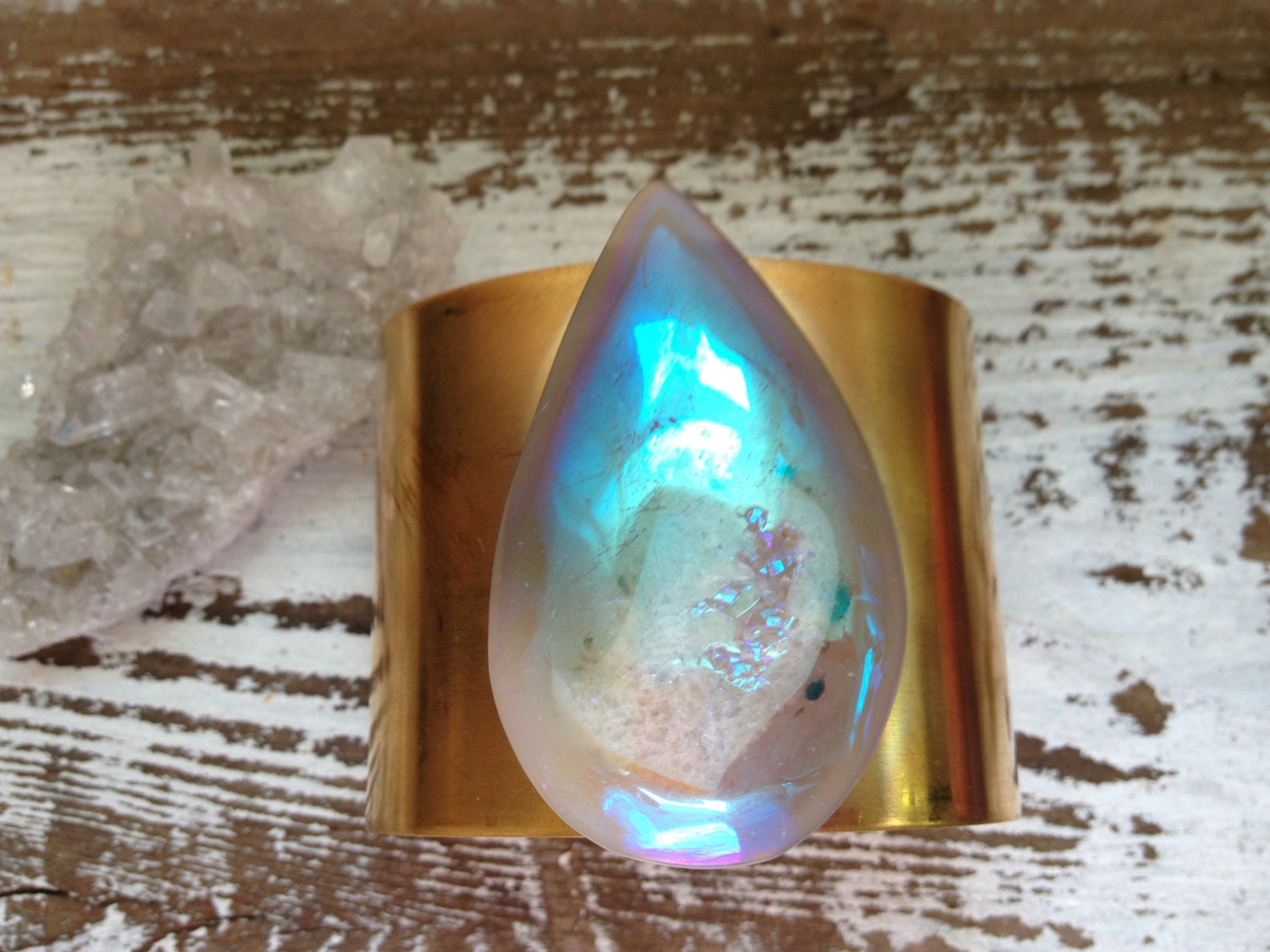 MOONBEAM / Rainbow Aura Titanium Druzy Agate Statement Brass Cuff Bracelet, Raw Drusy Teardrop Crystal Gemstone, Summer, Boho, Chic, OOAKO