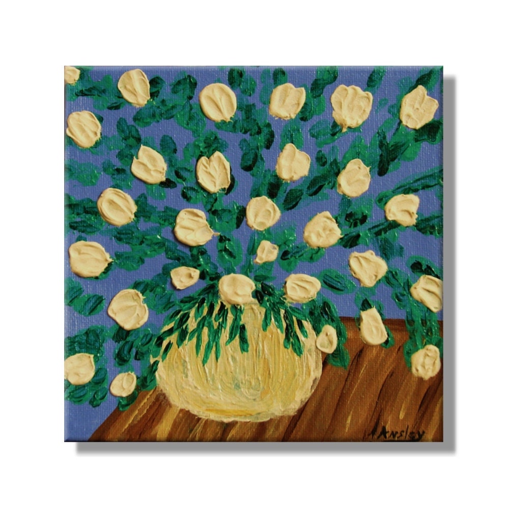 White Mini Flowers in a Vase. Original Handpainted Acrylic Thick 3d Texture Impasto Palette Knife Painting. Size 6 x 6.