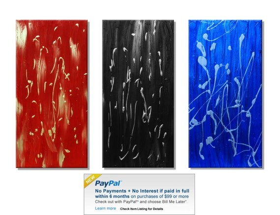 3 Metallic Red Black Blue Abstracts. Original Handpainted Acrylic Thick 3d Texture Impasto Palette Knife Paintings. Size 12 x 24 each