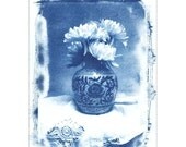 Cyanotype Photograph, Blue & White Chrysanthemums in Oriental Vase, Original Alternative Process Photography 6" x 8"