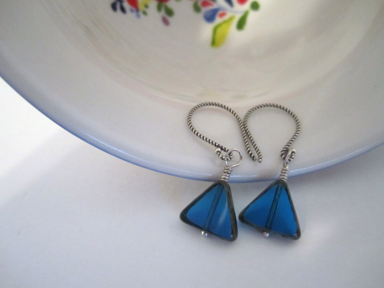 Czech Glass - Triangle Bead Dangle Earrings - Transparent - Picasso Finish Drop Earrings - Blue