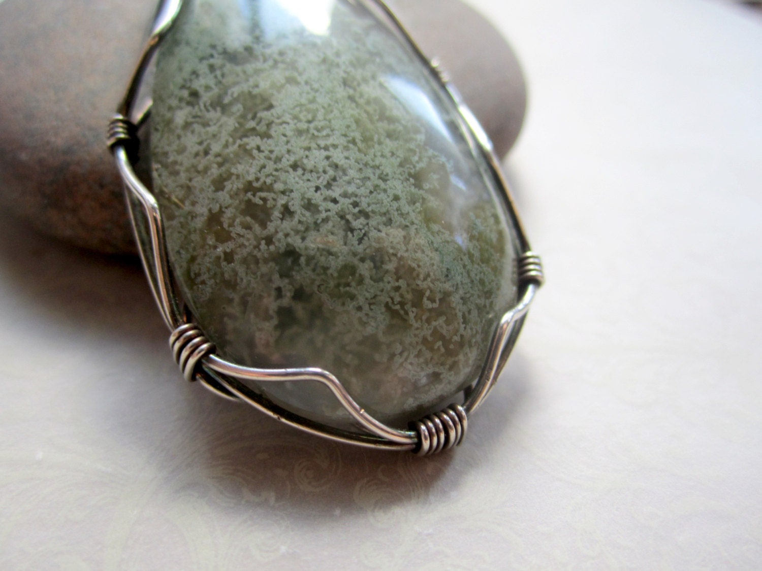 Sterling Silver Wire Wrapped Pendant Green Moss Agate