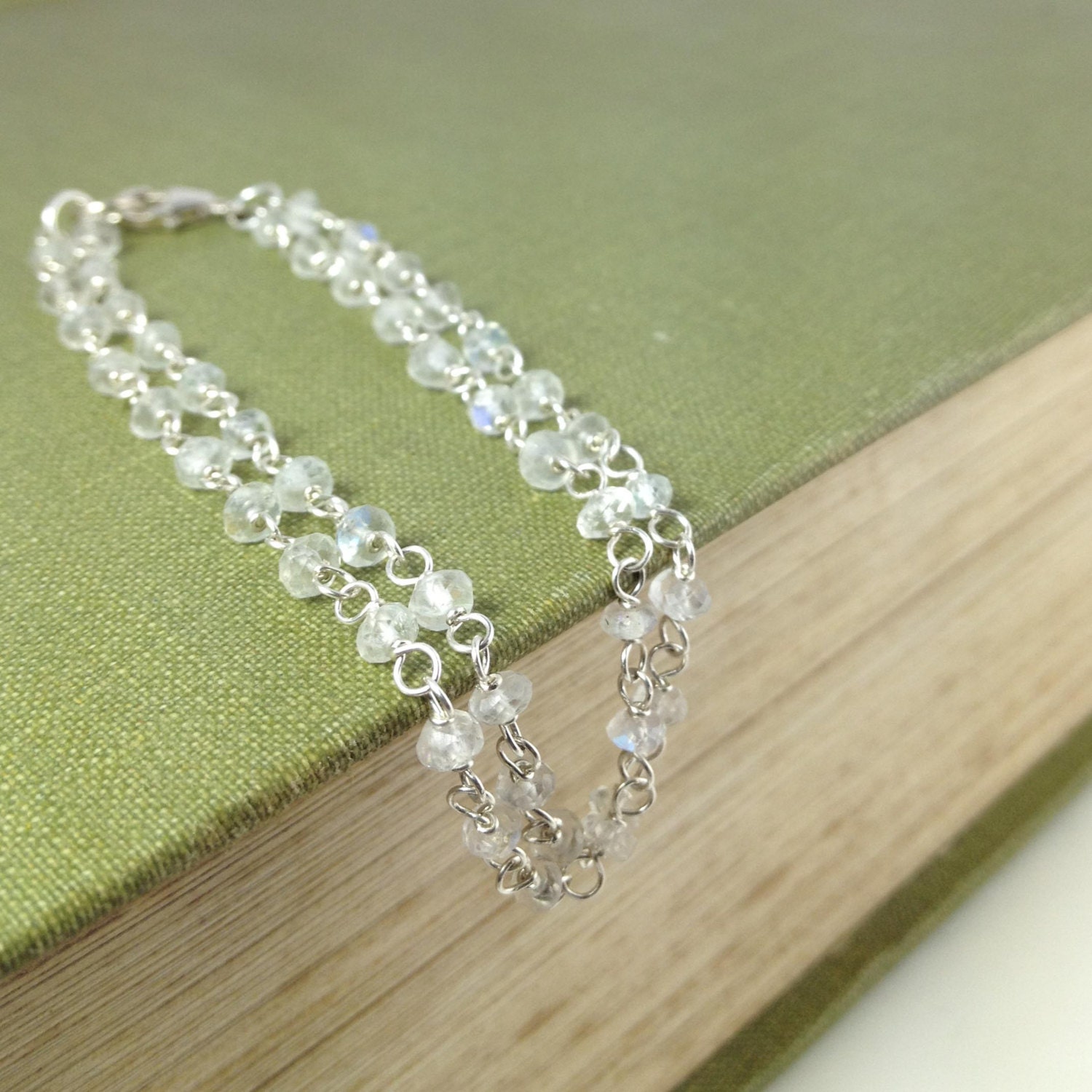 Rainbow Moonstone Bracelet Double Strand - Sterling Silver Wire Wrapped Gemstone - Goddess, Intuition, Peace, Protection, Mothers Day