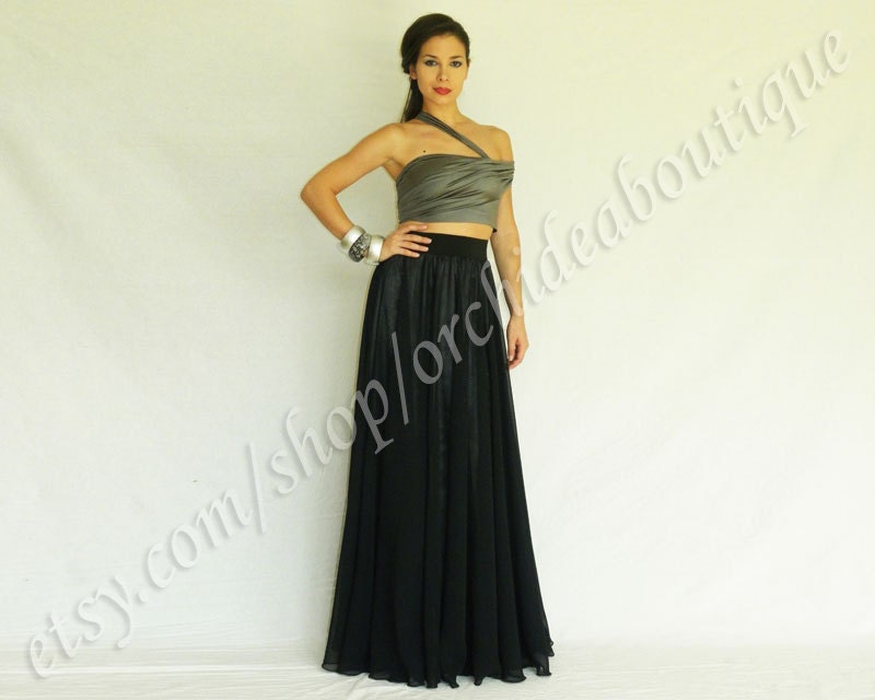 Maxi skirt black chiffon with silver satin lining