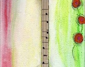 Original Mixed-Media Colorful Guitar Bird 4" x  12" Banner Painting