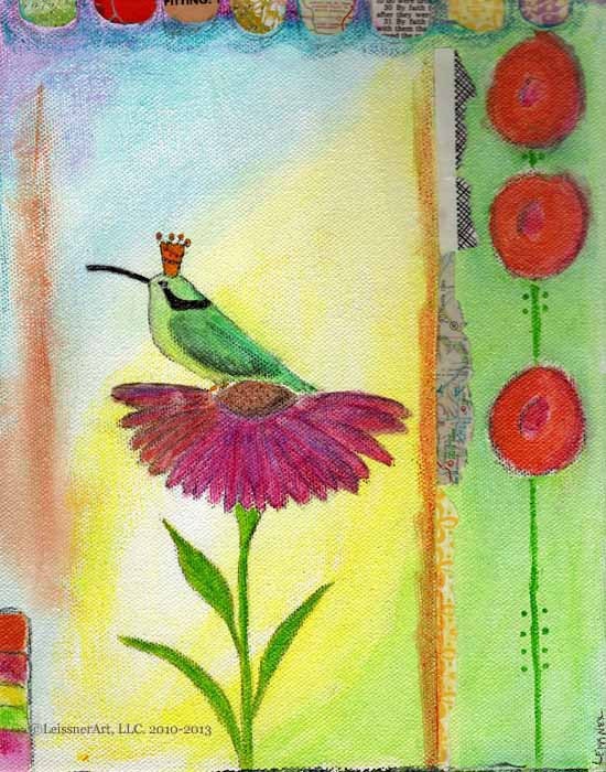 Original Mixed-Media Bright Colorful  8" x 10" Crowned Hummingbird Pink Daisy