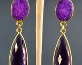 Mothers Day Sale - Long Dangle Natural Amethyst and Drusy Earrings - February Birthstone Earrings