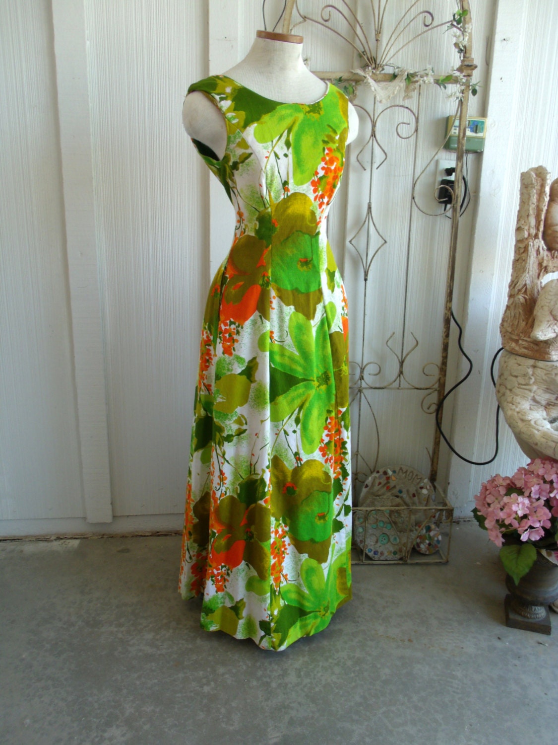 Vintage 1960s Maxi Dress Alice Polynesian Fashions Aline Tab Back Multi Color B36