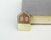 Wooden House Brooch Gold and White Brooch