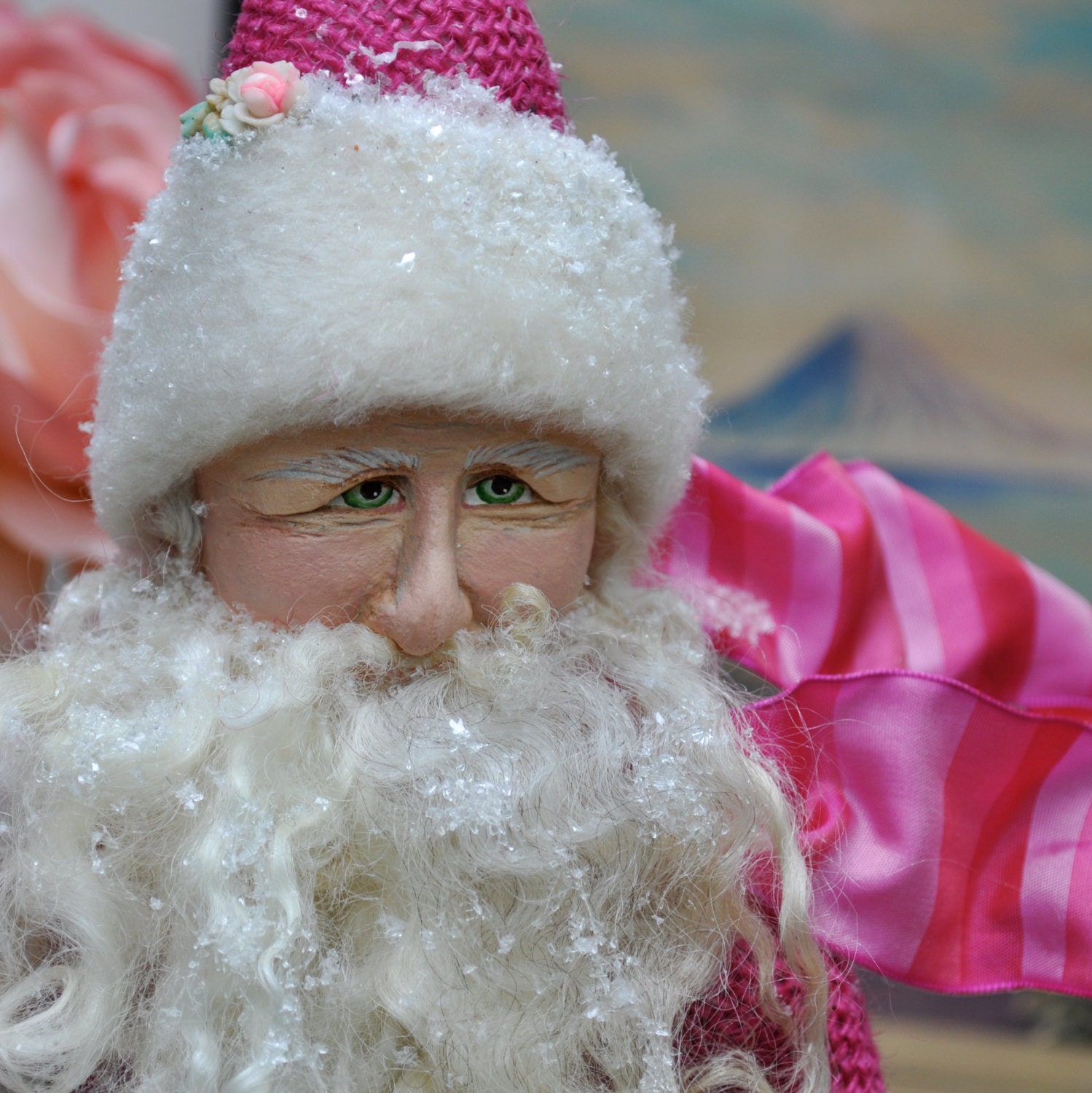 Santa art doll holding wreath made from vintage glass ornaments - ooak clay and cloth figure